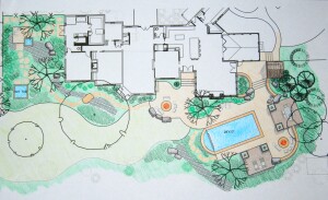 residential backyard landscape design upscale with pool, hot tub, firepits, decks and multi level patio in west St. Louis count.  